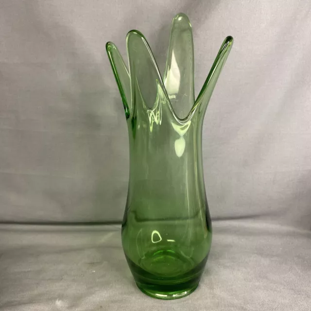 Vintage Viking ? Epic Four Finger Swung Glass Vase Green MCM 9”