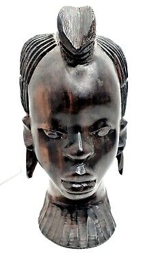 Vintage Hand Carved Bust Of Tribal Woman In African Blackwood 18cm Tall