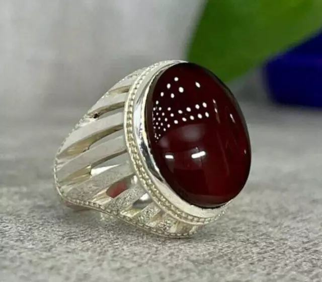 Natural Yemeni Aqeeq Ring Blood Red Yameni Agate Ring Sterling Silver 925 man