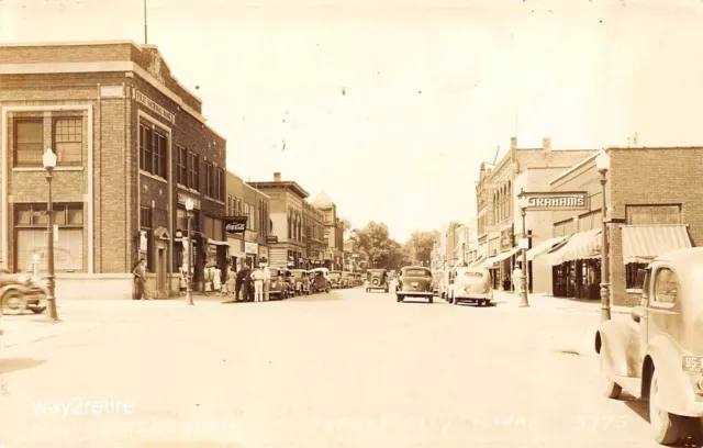 Postcard IA Forest City Clark and J Street Main Street Iowa RPPC 1940s