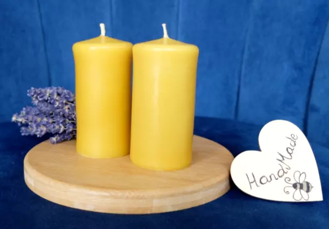 2 x Handmade Beeswax Solid Church Pillar Table Candles Gift, Long Burn Time