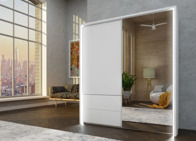 Sliding mirror large wardrobe 2 doors with drawers and lights TAYA2 - WHITE