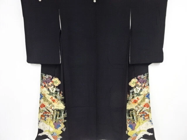 40251# Japanese Kimono / Antique Tomesode / Carriage & Floral Plants