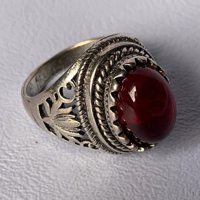 Very Rare Ancient Solid Silver Old Antique Viking Ring With Red Stone Artifact