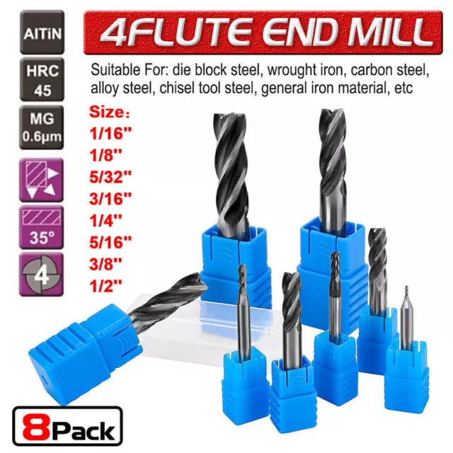 8PCS HSS 4 Flute Straight Shank End Mill Cutter Drill Bit Milling Cut Metal Tool