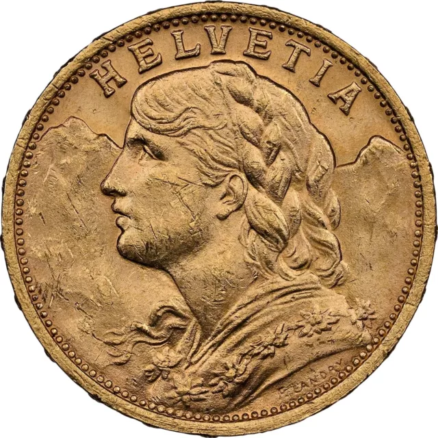 1902 B Swiss Gold Coin 20 Francs Helvetia BU, Switzerland, Bern, AU. NGC MS 62