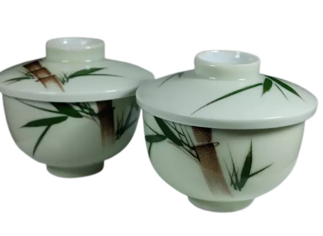 Vtg Set of 2 Yunomi Japanese Green Tea Cups with Lid Hand Painted Porcelain