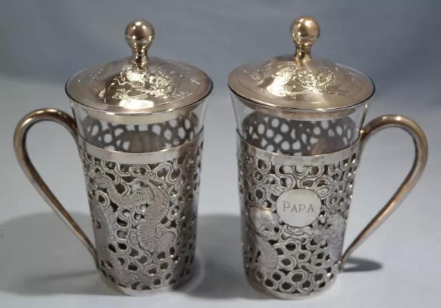Hong Kong Chinese Sterling Silver Reticulated Pair of Tea Glass Holders Tackhing 3
