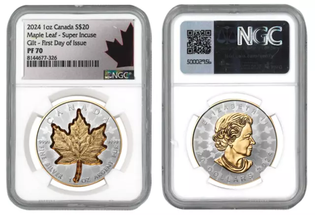 2024 Canada 1 oz Silver Maple Leaf Super Incuse Gilded NGC PF 70 1ST Day Issue