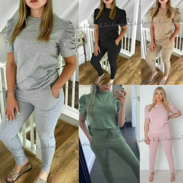Womens Ladies Short Puff Sleeve Boxy Lounge Wear Tracksuit Top Jogger Set Suit