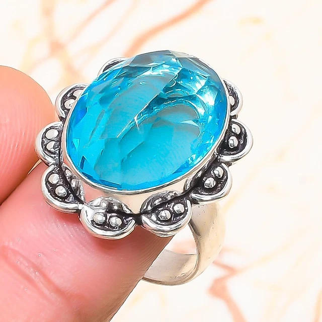 Swiss Blue Topaz Gemstone Handmade Gift Jewelry Ring Size 7.5 V542