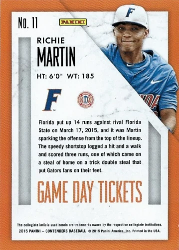 2015 Panini Contenders Game Day Tickets #11 Richie Martin - NM-MT Florida Gators 2