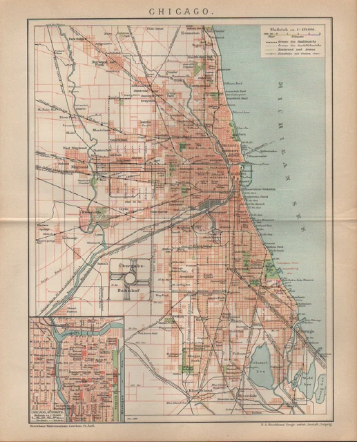LANDKARTE CITY MAP 1899 Stadtplan CHICAGO. Maßstab 1 134.000 EUR 14