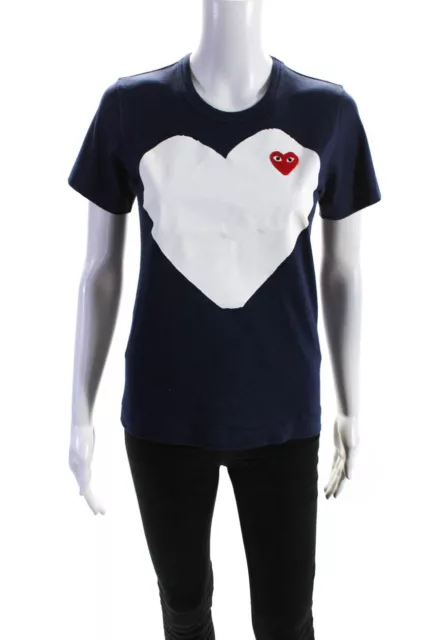 Play Comme Des Garcons Womens Graphic Heart Patch Tee Shirt Navy White Sz Small
