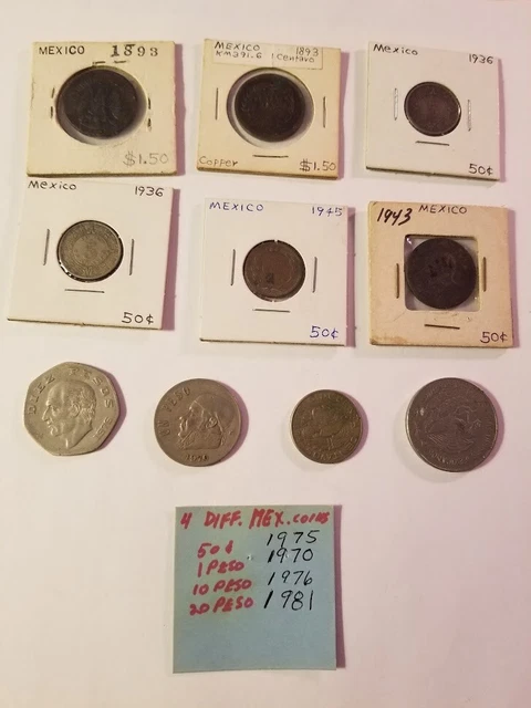 10 Vintage & Antique Mexican Coins, Mix Denom & Dates, Including 2 1893 Coppers
