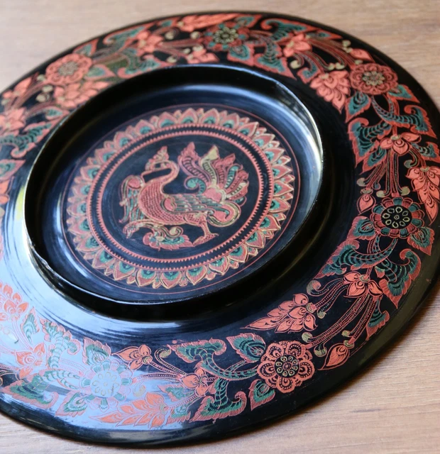 Antique/Vintage Burmese Lacquered Wooden Plate Hand Painted Amazing Detail 25cm 10