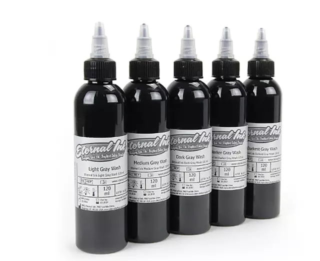 ETERNAL Tattoo Inks GrayWash Shading SET of 5 Stage Colors 4 oz Big Bottles