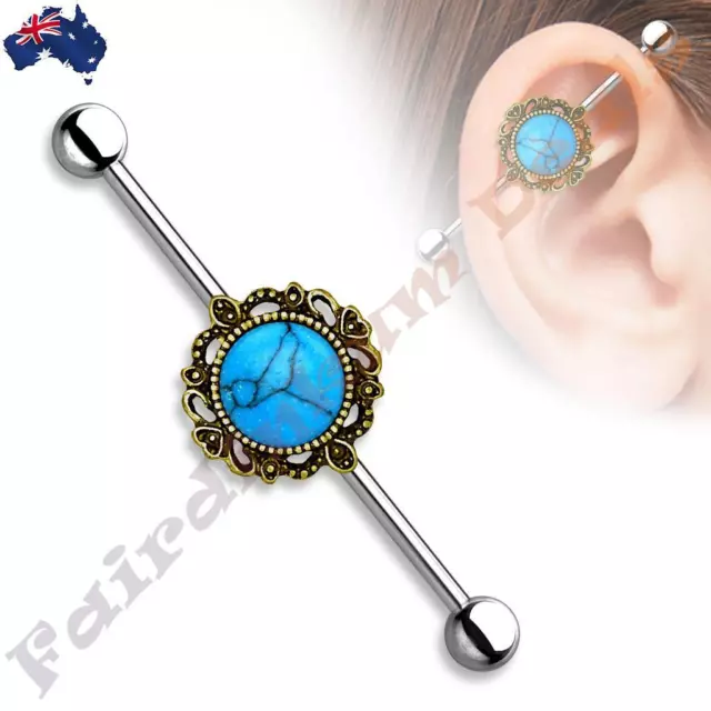 316L SSteel Industrial Barbell with Burnish Gold Round Turquoise Filigree Centre