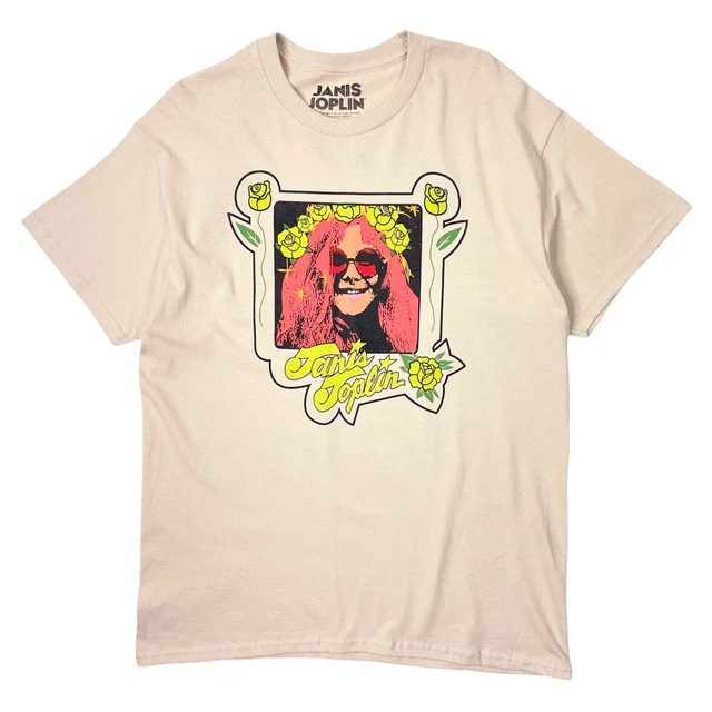 Janis Joplin Green Roses Vintage Print Beige Tan Band T-Shirt Tee Men's Large L