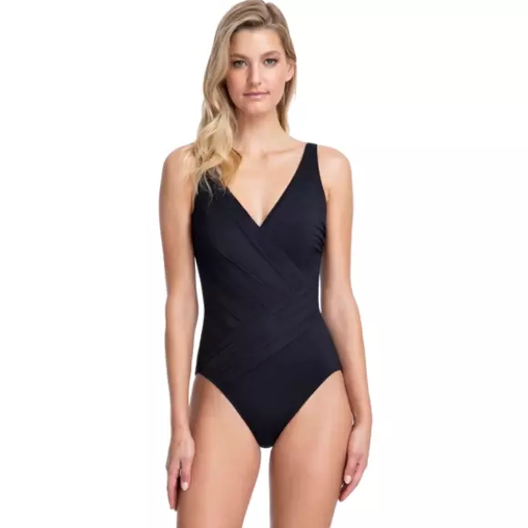 NWT- Gottex Classics Contour Lattice Surplice One-Piece Swimsuit, Black - Size 6