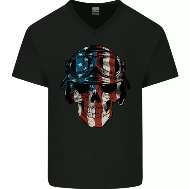 T-shirt da uomo scollo a V cotone biker teschio moto bandiera USA