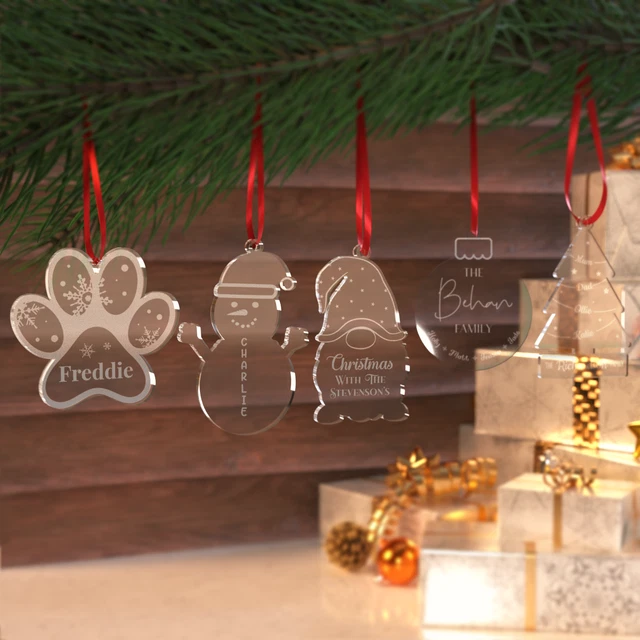 Personalisiertes Weihnachtsbaumornament graviert klar baumeln, Gonk, Schneemann, Pfote