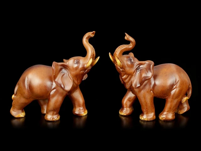 Elefanti Statue - 2er Set Simil Legno - Cucciolo di Pachiderma Dekostatue