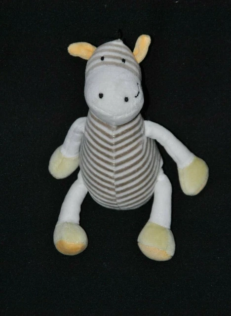 Peluche doudou cheval âne OBAIBI OKAIDI blanc rayé beige 16 cm assis TTBE