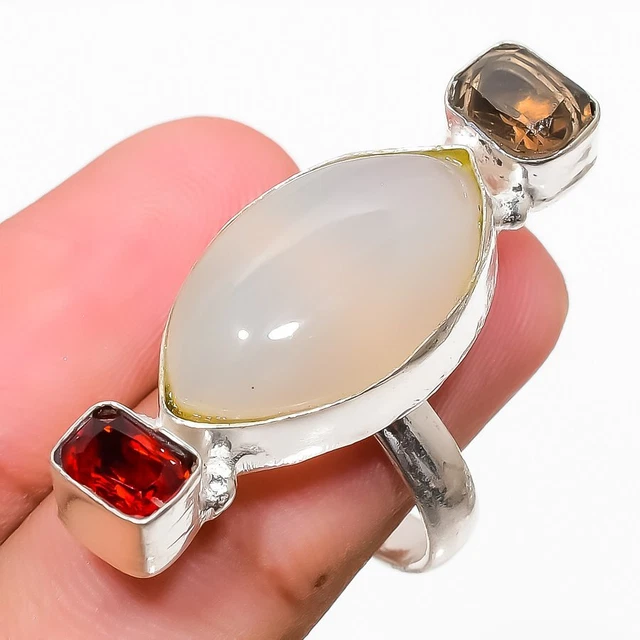 Rose Quartz, Topaz Gemstone Handmade 925 Sterling Silver Jewelry Ring Size 7