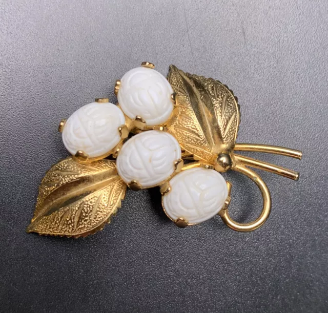 White Glass Scarab Brooch Pin Egyptian Revival Look Gold Tone Leaf Vintage