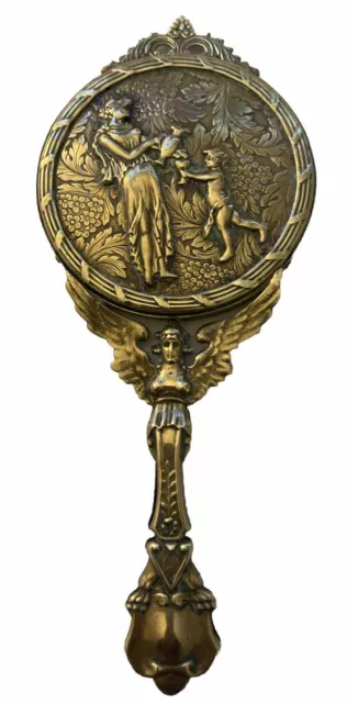 Antique French Neoclassical Gilt Bronze Hand Mirror Ornate Late 19th C.