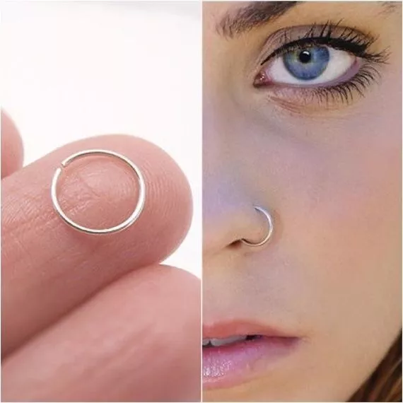 925 Sterling Silver Thin Nose Ring Hoop Small 6mm 8mm with ball Gold
