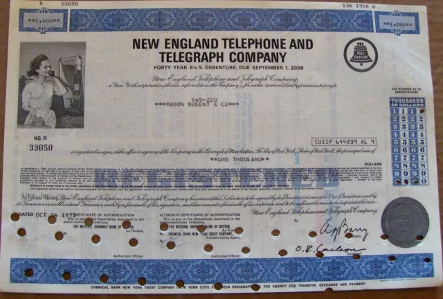 New England Telephone & Telegraph Company bond Payee Mabon Nugget & Co, 1975