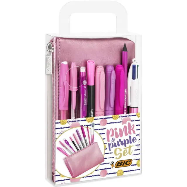 BIC Pink & Purple Set - 1 Pencil Case, 2 Ball Pens/1 Erasable Gel Pen/1 Graphite