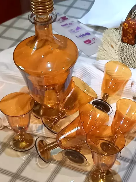 Ancien Service à Vin en Verre Ambré Irisé Carafe Bouchon + 6 Verres à Pieds