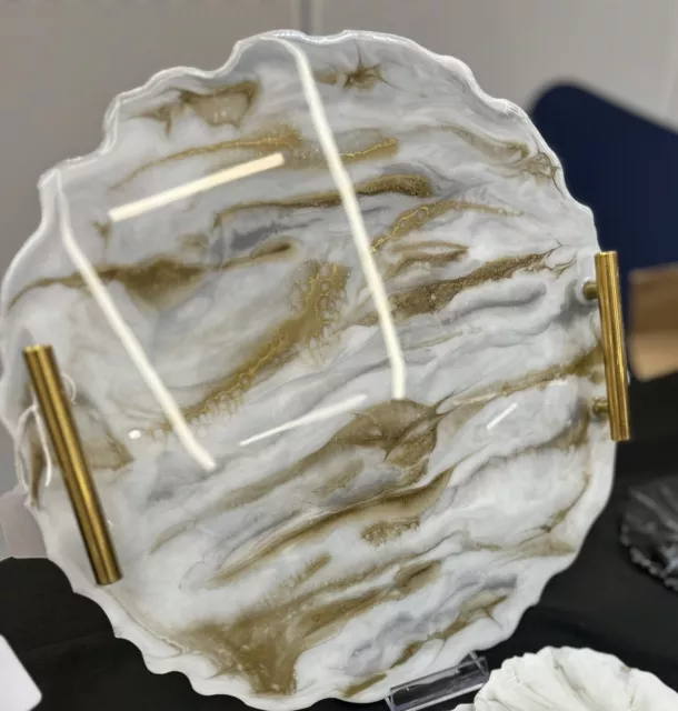 Gorgeous White And Gold Marble Effect Resin Tray Charcuterie Board Unique Design