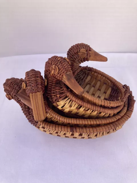 Vintage Set of 4 Nesting Woven Wicker Duck Baskets with Wood Beaks