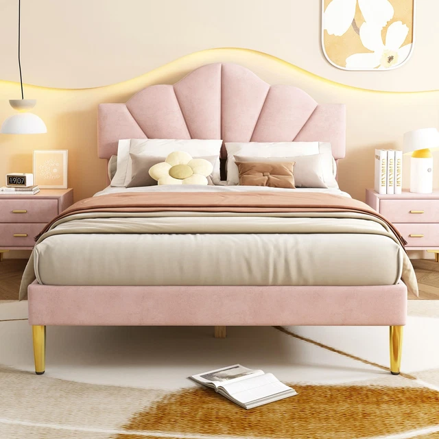 PINK VELVET KING Size Bed Adjustable Headboard Wooden Slatted Frame