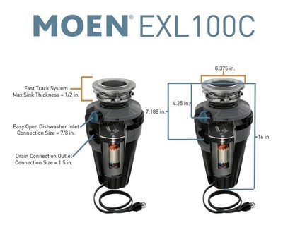 Moen EXL100C 1HP Continuous Feed Garbage Disposal with Cabinet Light