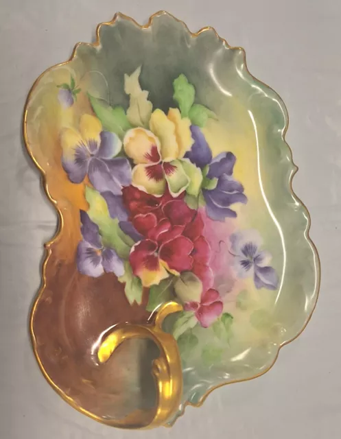 Antique T&V Limoges Venice Hand Painted Multicolor Pansy Gilt Loop Handle Tray