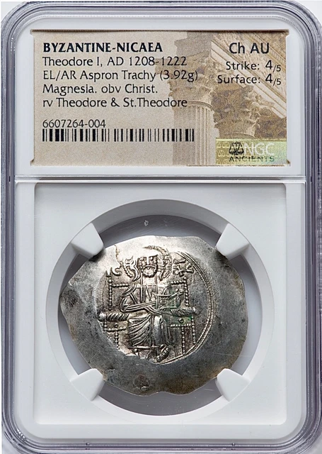 1208-1222 NICAEAN Theodore I Comnenus-Lascaris EL/AR Aspron Trachy NGC Choice AU