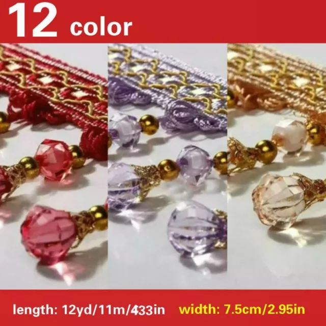 12Yard Curtain Tassel Crystal Beaded Fringe Trim Upholstery Fabric Ribbon Modern
