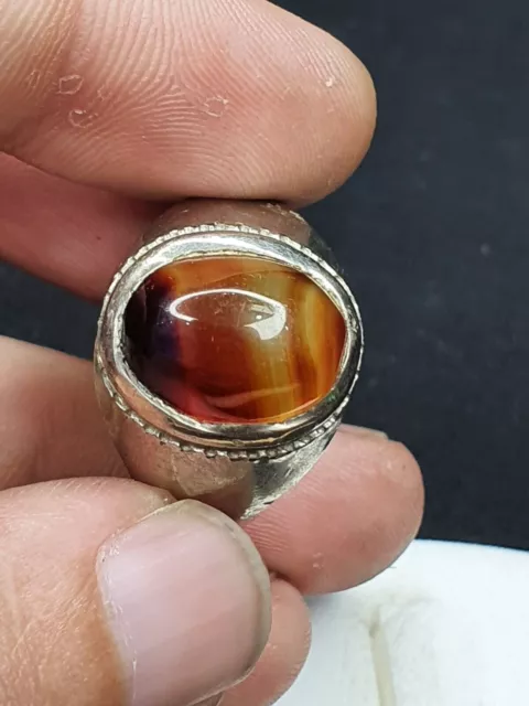 Antique Near Eastern Old Silver  Ring With Ancient Agate Stone Ring