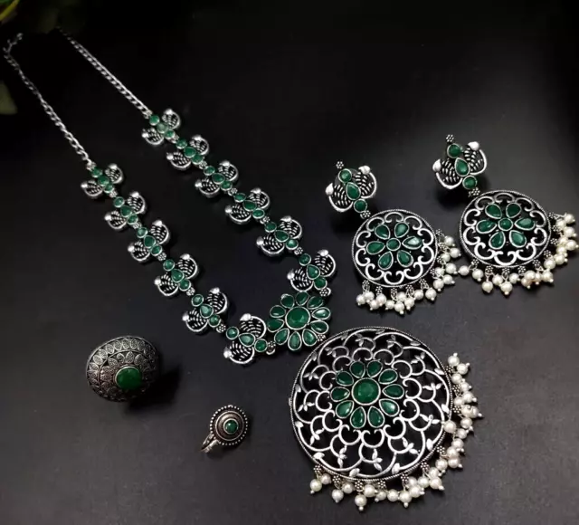 Indian Bollywood Silver oxidized Silver plated Necklace Earrings Jewelry Set