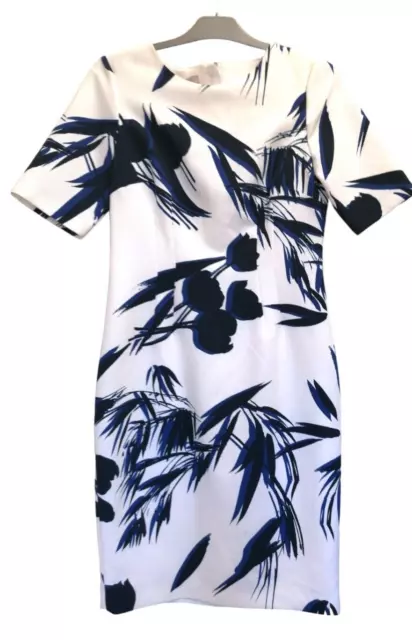 Hobbs London White & Royal & Navy Blue Leaf & Flower Sheath Dress uk 12