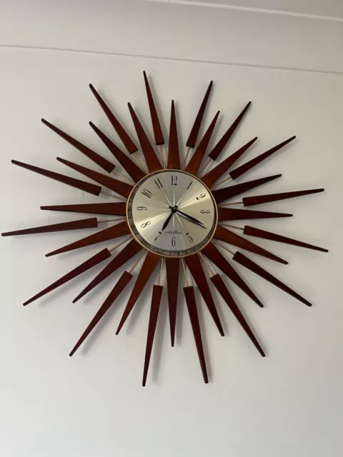 Vintage Retro Starburst / Sunburst Teak Wall Clock  Seth Thomas