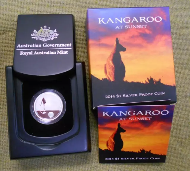 #E.    2014  One Dollar  $1  Silver Proof  Coin - Kangaroo At Sunset