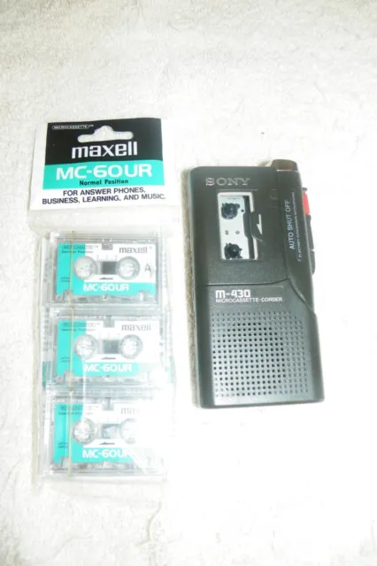 Sony M-430 Micro Cassette Voice Recorder PARTS + 3-Pk New Maxell MC-60UR Tapes