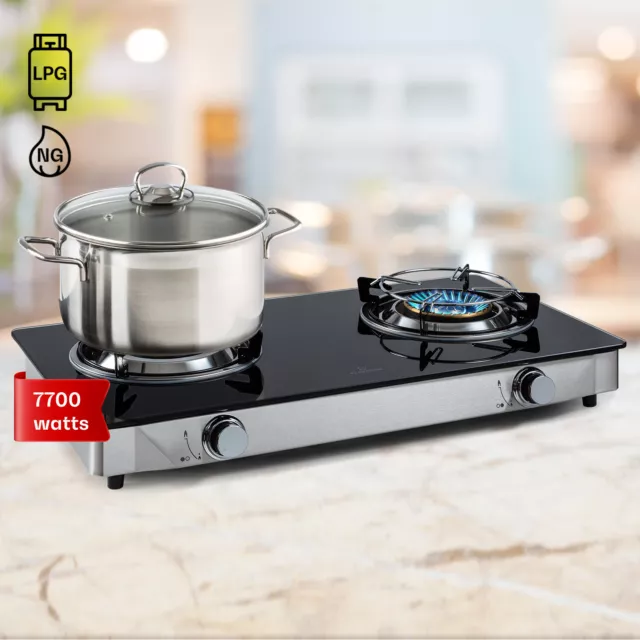 Gas Hob 70 cm 2 Burner Hot Plate Gas Burner Camping Stove Double Stainless Steel