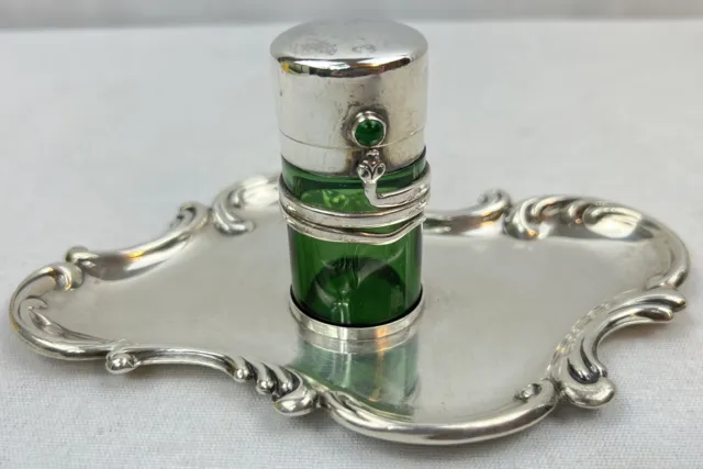 Perfume Bottle Green emerald Glass Snake 900 w Tray sterling silver German Mayer